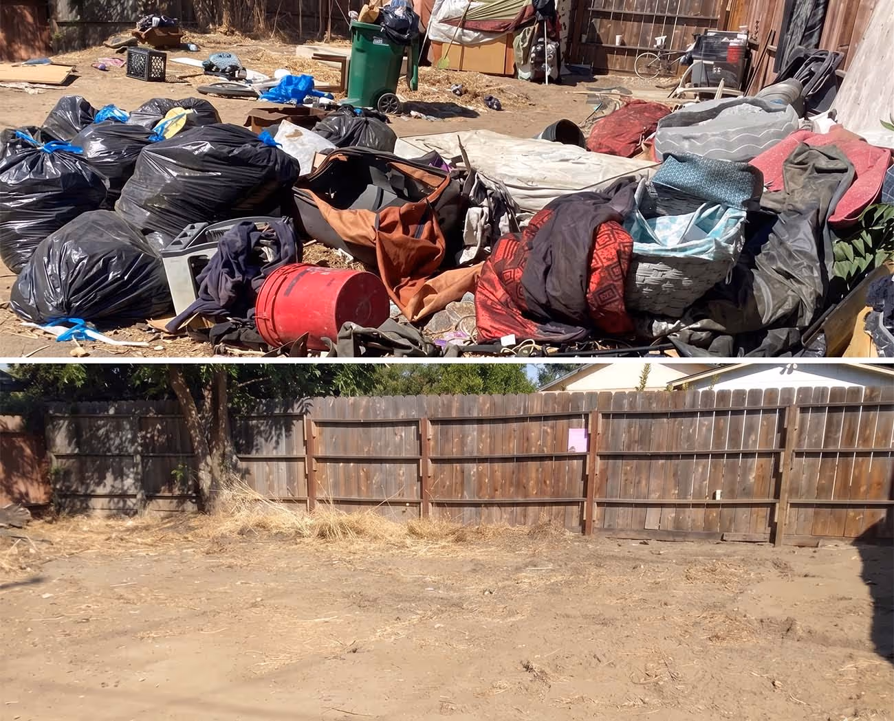Split image showing a yard before and after cleanup; the top half shows clutter and trash bags scattered, the bottom half shows a clean, empty dirt yard with a wooden fence.