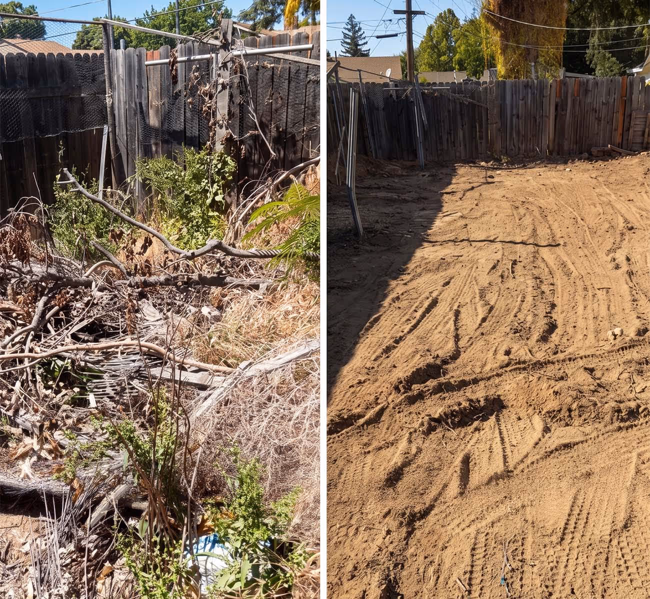 Side-by-side comparison of a backyard before and after cleanup, showing cluttered debris and overgrown plants on the left and cleared, leveled dirt on the right.