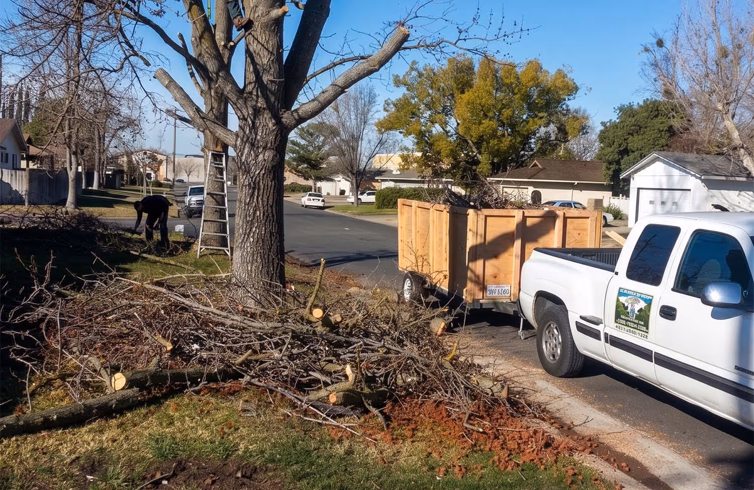 Workers trimming branches from a large tree with a ladder and a white truck with a wooden trailer parked nearby in a residential neighborhood.